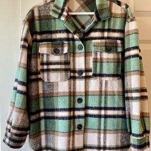 New (never worn) soft plaid ‘shacket’ in teal, cream, warm brown; size M (women)